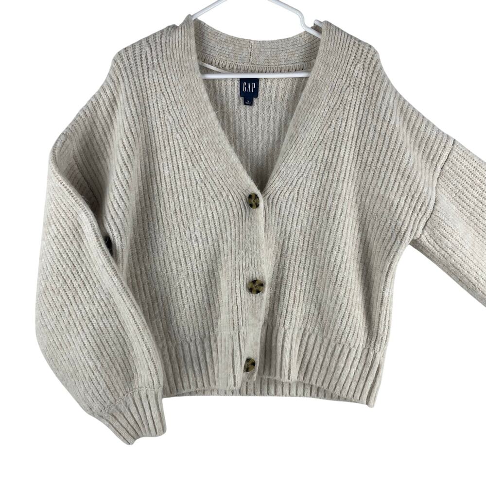 Gap Womens Cozy Button-Front Cardigan L Cream Cloud Wash V-Neck Chunky Knit